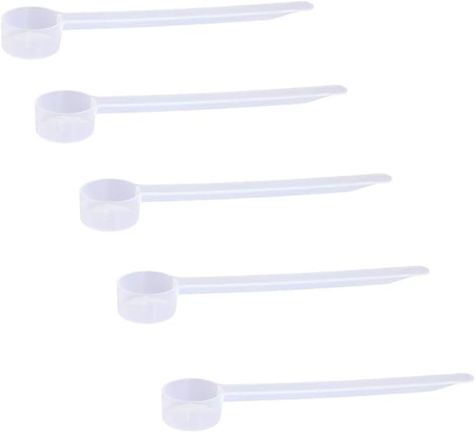 Plastic Measuring Scoop, (5 cc | 1 teaspoon | 5 mL) Long Handle Spoons for Powders, Granules, Coffee, Pet Food, Baking Supplies, Protein and Other Dry Goods, BPA Free (Set of 5)