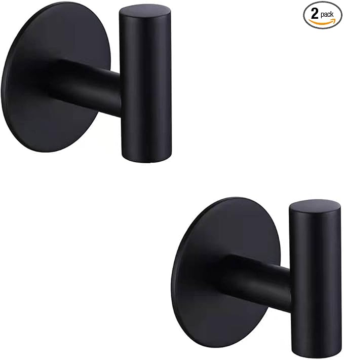 Adhesive Hooks 304 Stainless Steel Robe Hook Holder Heavy Coat Hook for Bathroom Kitchen Livingroom Garage Hotel Brushed Finish 2pcs (Matte Black)