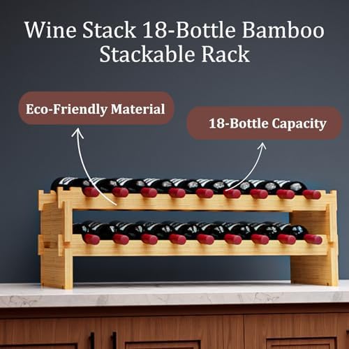 18 Bottle Bamboo Stackable Small Wine Rack for Countertop, No Tools Assembly, Durable, Wine and Liquor Bottle Storage for Small Spaces