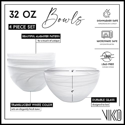 Vikko Salad Bowl, Set of 4 White Alabaster Style Soup Bowls, 6" Bowl with Marbelized Design, Large 32 Ounce Bowls Set, For Pasta, Fruit, Ramen Bowl, Dishwasher Safe