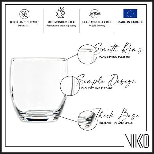 Vikko Drinking Glasses, 8 Ounce Water Glass, Thick and Durable Glass, For Water, Juice, Soda, or Wine, Dishwasher Safe, Set of 6 Small Clear Tumblers, 2.9” Diameter x 3.2” Tall