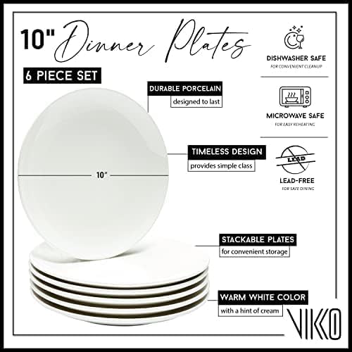 Vikko Dinner Plate, Set of 6 White Plates, Ceramic Dinner Plates Set, Stackable 10 Inch Dinner Plates for Every Day and Special Occasion, Restaurant Style, Dishwasher Safe, Microwave Safe