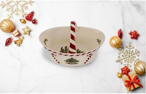 Spode Christmas Tree Candy Basket, 6.5-Inch Candy Bowl with Peppermint Handle for Holiday Snacks, Earthenware Christmas Gift, Festive Holiday Serveware & Holiday Display Bowl, Seasonal Décor