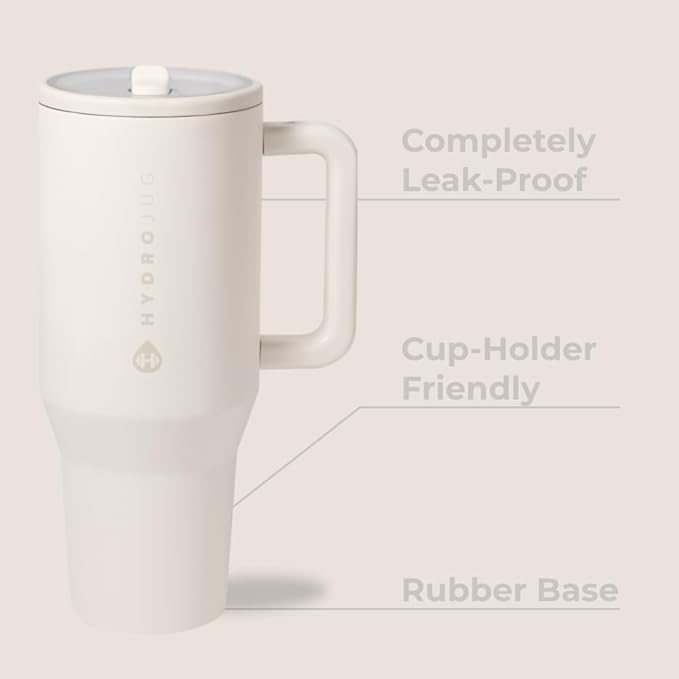 HydroJug Traveler - 32 oz Water Bottle with Handle & Flip Straw - Fits in Cup Holder, Leak Resistant Tumbler-Reusable Insulated Stainless Steel & Rubber Base - Gifts for Women & Men, Cream