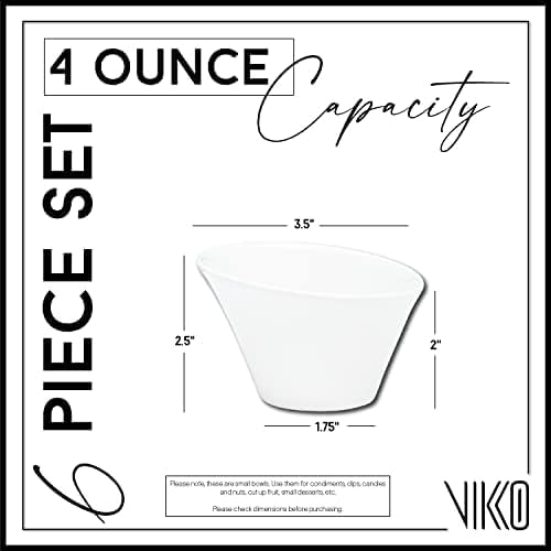 Vikko Mini White Bowls, Set of 6 Fine Ceramic White Bowls, 3.75 Ounce Small Bowl, Elegant Shape, Versatile for Dips, Desserts or Candy Dish, Dishwasher Safe