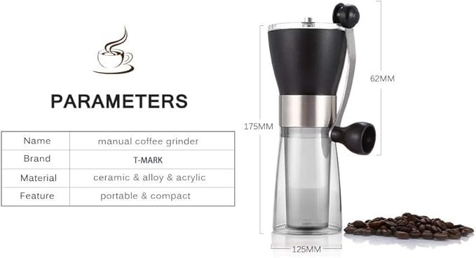 T-mark Manual Coffee Grinder, Portable Adjustable Coffee Grinder Ceramic Burr Grinder for Travel Home