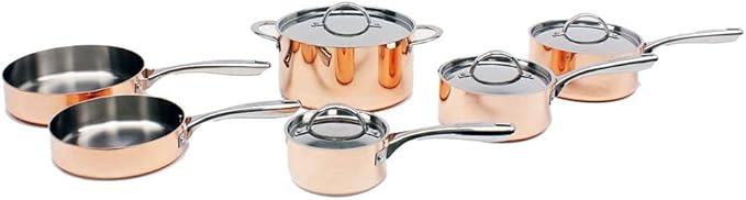 BergHOFF Vintage 10Pc Tri-Ply Copper 18/10 Stainless Steel Cookware Set With Matching Lids, Polished, Long Ergonomic Shaped Handle, 3-layer Base, Gold