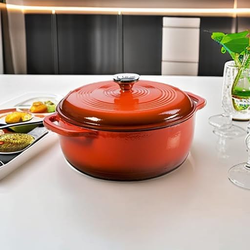 Lodge 6 Quart Enameled Cast Iron Dutch Oven with Lid – Dual Handles – Oven Safe up to 500° F or on Stovetop - Use to Marinate, Cook, Bake, Refrigerate and Serve – Poppy