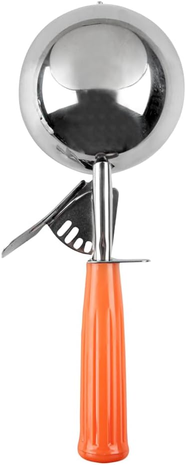 Restaurantware Met Lux 8 Ounce Portion Scoop 1 Durable Disher Scoop - Thumb Trigger Orange Stainless Steel Ice cream Disher For Portion Control For Ice Cream Mashed Potato And Cookie Batter