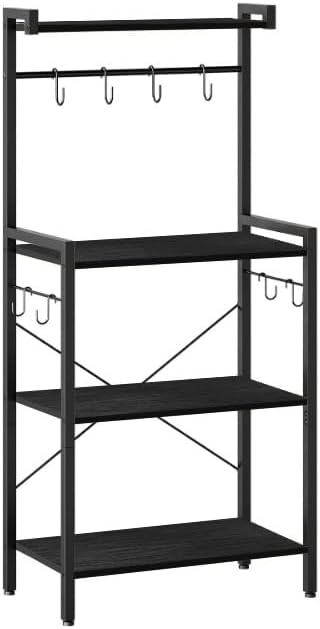 HOOBRO Kitchen Bakers Rack with Storage, 4 Tiers Coffee Bar Station, Microwave Stand with 8 S-Shaped Hooks, Kitchen Storage Shelf Rack for Small Spaces, Black BB04HB01