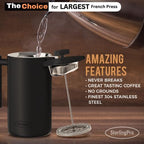 French Press Coffee Maker (1.75L)-Double Walled Large Coffee Press with 2 Extra Filters-Enjoy Granule-Free Coffee, Stylish Rust Free Kitchen Accessory-Stainless Steel (Black)