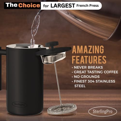 French Press Coffee Maker (1.75L)-Double Walled Large Coffee Press with 2 Extra Filters-Enjoy Granule-Free Coffee, Stylish Rust Free Kitchen Accessory-Stainless Steel (Black)