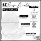 Vikko Pasta Bowls, 8.5 Inch Salad Bowls, White Soup Bowls, Fine Bone China Pasta Bowls, Set of 4, Microwave and Dishwasher Safe