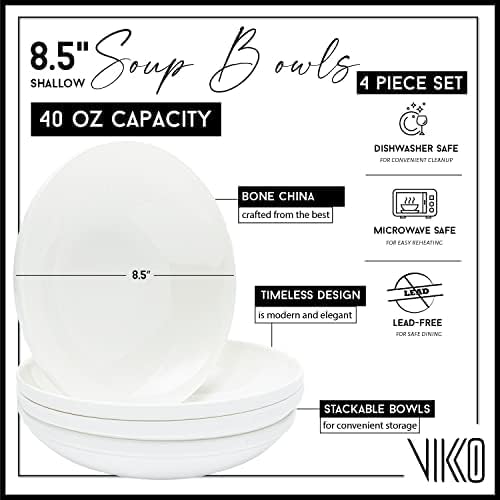 Vikko Pasta Bowls, 8.5 Inch Salad Bowls, White Soup Bowls, Fine Bone China Pasta Bowls, Set of 4, Microwave and Dishwasher Safe