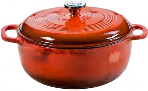 Lodge 6 Quart Enameled Cast Iron Dutch Oven with Lid – Dual Handles – Oven Safe up to 500° F or on Stovetop - Use to Marinate, Cook, Bake, Refrigerate and Serve – Poppy