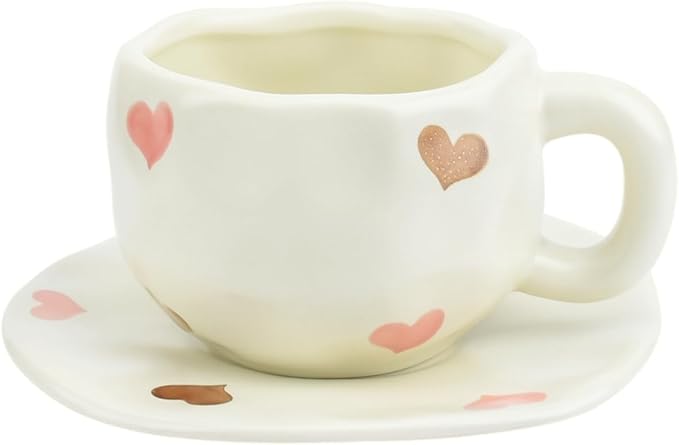 Koythin Ceramic Coffee Mug with Saucer Set, Cute Love Cup Unique for Office and Home, 10 oz/300 ml for Latte Tea Milk