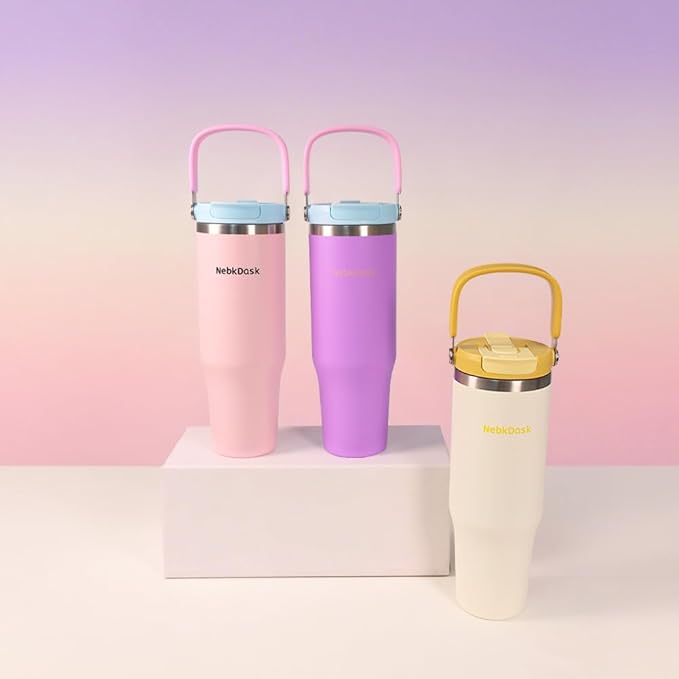 Insulated Stainless Steel Bottle 40oz with 2-in-1 Straw and Spout Lid Water Bottle Keep Cold 24H, Leak-Proof, Fits in Car Cup Holder, Travel, and School（off-White）