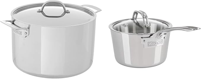 Viking Culinary 3-Ply Stainless Steel Stock Pot, 12 Quart, Includes Metal Lid & Culinary Contemporary 3-Ply Stainless Steel Saucepan, 2.4 Quart