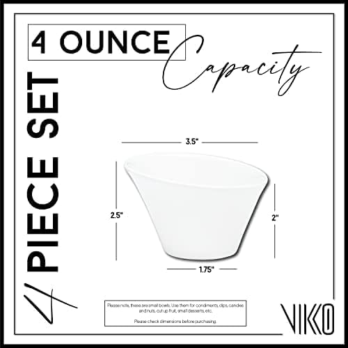 Vikko Mini White Bowls, Set of 4 Ceramic White Bowls, 3.75 Ounce Small Bowl, Elegant Shape Versatile for Dips, Desserts or Candy Dish, Dishwasher Safe