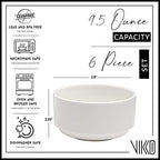Vikko Modern Soup Bowls, Set of 6 White Porcelain Bowls, Stackable 9.5 oz Elegant Restaurant Style Soup Bowl Set, Microwave and Dishwasher Safe