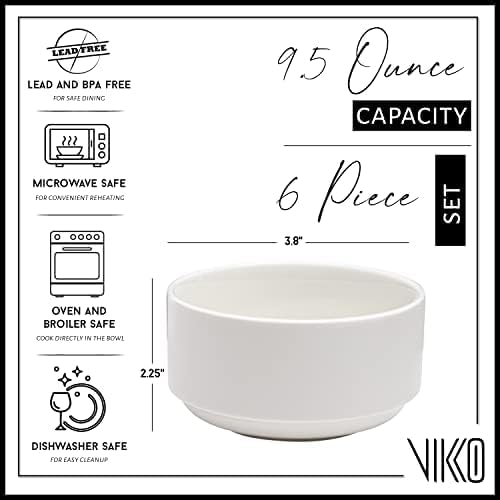Vikko Modern Soup Bowls, Set of 6 White Porcelain Bowls, Stackable 9.5 oz Elegant Restaurant Style Soup Bowl Set, Microwave and Dishwasher Safe