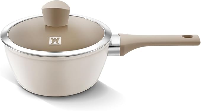 Aluminum Saucepan with Ceramic Coated Non-Stick Surface, 7-Layer Coating, Bakelite Handle and Lid Knob, Tempered Glass Lid, All Cooktops Compatible, 2.34 Liters / 2.47 Quarts