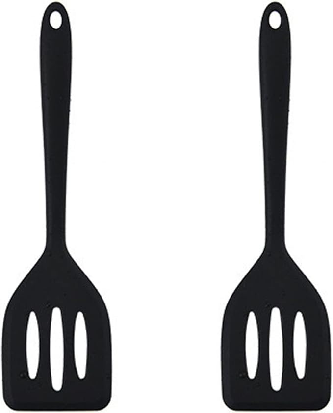 2Pack Small Silicone Turner High Heat Resistant Slotted Spatula for Fish, Eggs, Pancakes and More (12 IN, Black)