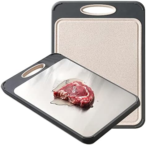 GUANCI Cutting Board for Kitchen, Stainless Steel Cutting Board Double Sided for Chopping Meat/Vegetables, Stainless Steel/Wheat Straw PP, Kitchen Gifts Easy to Clean Large 16”×11”