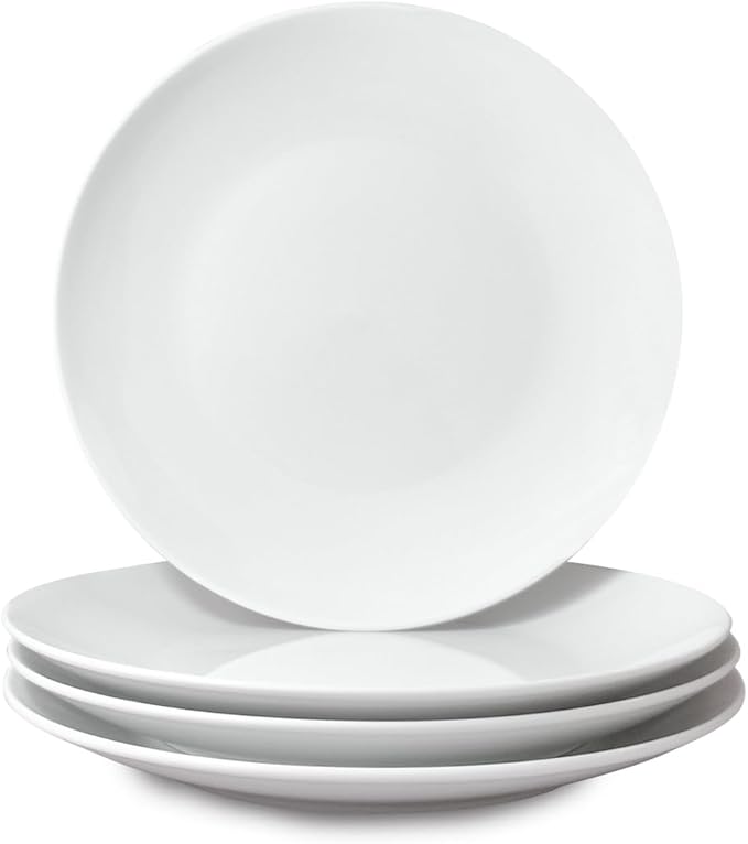 Miicol Ceramic Dinner Plates Set of 4, Large Salad Plate 10.5 inch, White Flat Dish, Porcelain Serving Dishes for Pasta, Steak, Dessert, Microwave and Dishwasher Safe, Scratch Resistant