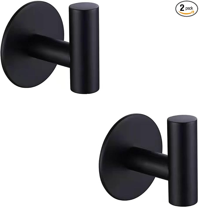 Self Adhesive Hooks 304 Stainless Steel Heavy Duty Hangers Without Nails for Bathrooms Kitchen Livingroom Garage Hotel Towel Hook-2 Pack (Black)