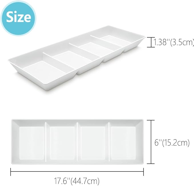 Divided Serving Tray Platter, 2 Pack 17.6" x 6" Fruit Veggie Food Tray for Party, Plastic Serving Trays for Appetizer, Snack, Dessert, Cookie, Brunch Decorations Platters, White Trays BPA-Free