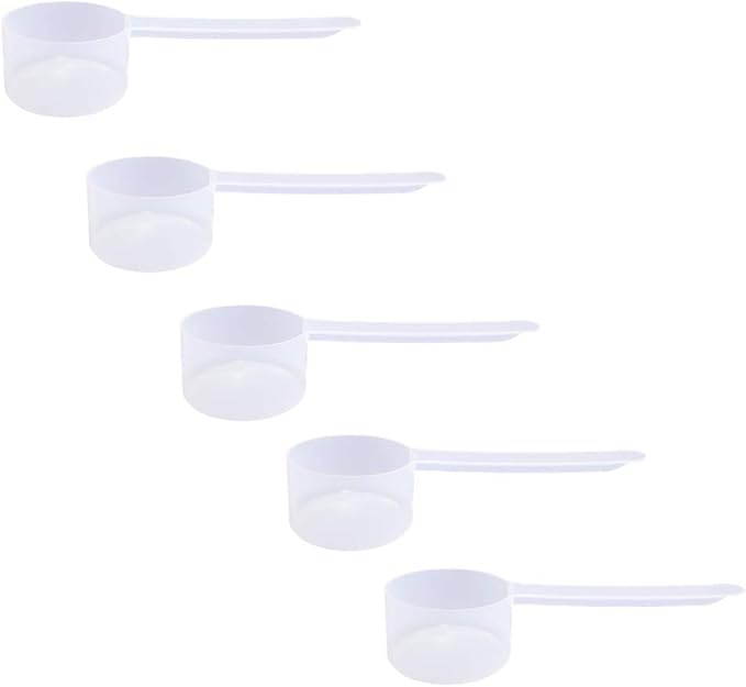 Plastic Measuring Scoop, (43 cc | 1.5 Oz. | 43 mL) Long Handle Spoons for Powders, Granules, Coffee, Pet Food, Baking Supplies, Protein and Other Dry Goods, BPA Free (Set of 5)