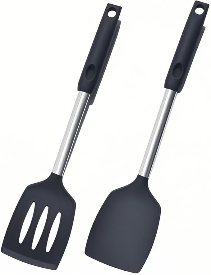 Silicone Spatulas Turners, Solid & Slotted Silicone Spatula Set, Non Stick Turners,Ailsoes Heat Resistant BPA Free Rubber Spatulas for Fish, Eggs, Pancakes, WOK，2 Pack (Black)