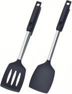 Silicone Spatulas Turners, Solid & Slotted Silicone Spatula Set, Non Stick Turners,Ailsoes Heat Resistant BPA Free Rubber Spatulas for Fish, Eggs, Pancakes, WOK，2 Pack (Black)