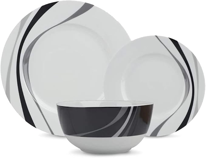 Amazon Basics Dinnerware Set, Microwave and Dishwasher Safe, Service for 6, 18-Piece Complete Kitchen, Plates, Dishes, Bowls, Swirl