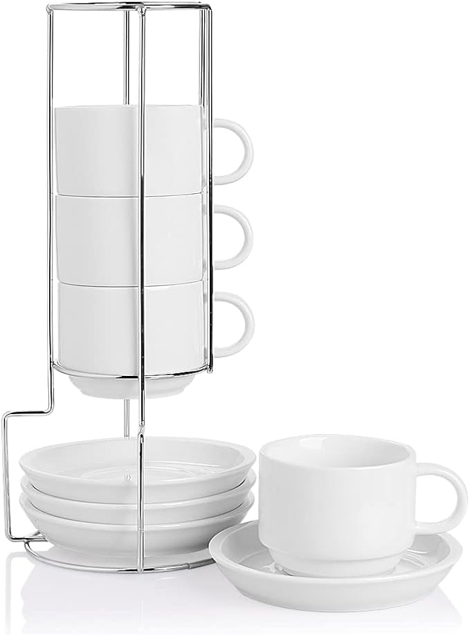Sweejar Porcelain Cappuccino Cups with Saucers and Metal Stand, 8 Ounce Stackable Espresso Cups for Specialty Coffee Drinks, Latte, Americano, Tea - Set of 4 (White)