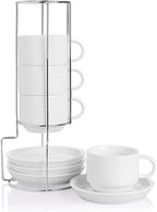 Sweejar Porcelain Cappuccino Cups with Saucers and Metal Stand, 8 Ounce Stackable Espresso Cups for Specialty Coffee Drinks, Latte, Americano, Tea - Set of 4 (White)
