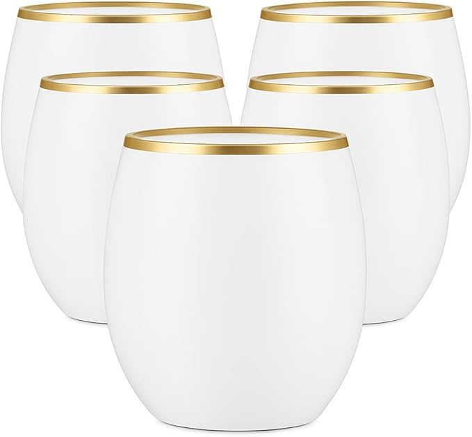 40 count Unbreakable Stemless Plastic Wine Champagne Whiskey Glasses Elegant Durable Disposable Indoor Outdoor Ideal for Home, Office, Bars, Wedding, 12 Ounce Cups Gold Rim (White Matte Gold)
