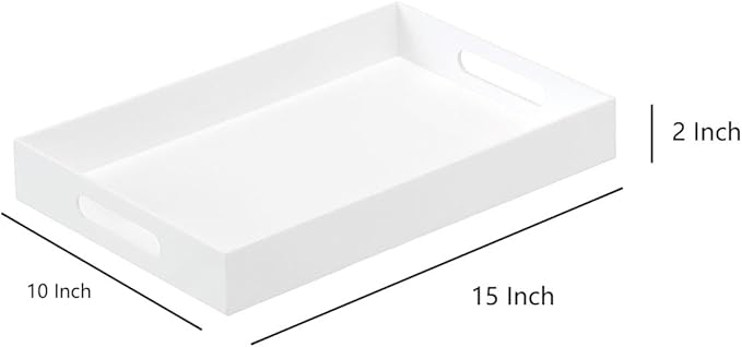 Glossy White Sturdy Acrylic Serving Tray with Handles-10x15Inch-Serving Coffee,Appetizer,Breakfast,Butler-Kitchen Countertop Tray-Makeup Drawer Organizer-Vanity Table,Ottoman Tray-Decorative