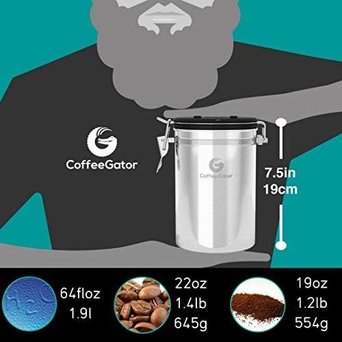 Coffee Gator Coffee Canister - 22oz, Airtight Stainless Steel Kitchen Food Storage Container with Date Tracker, Scoop for Grounds Coffee Bar Accessories, Beans, Tea, Sugar, Flour, Cereal - Silver