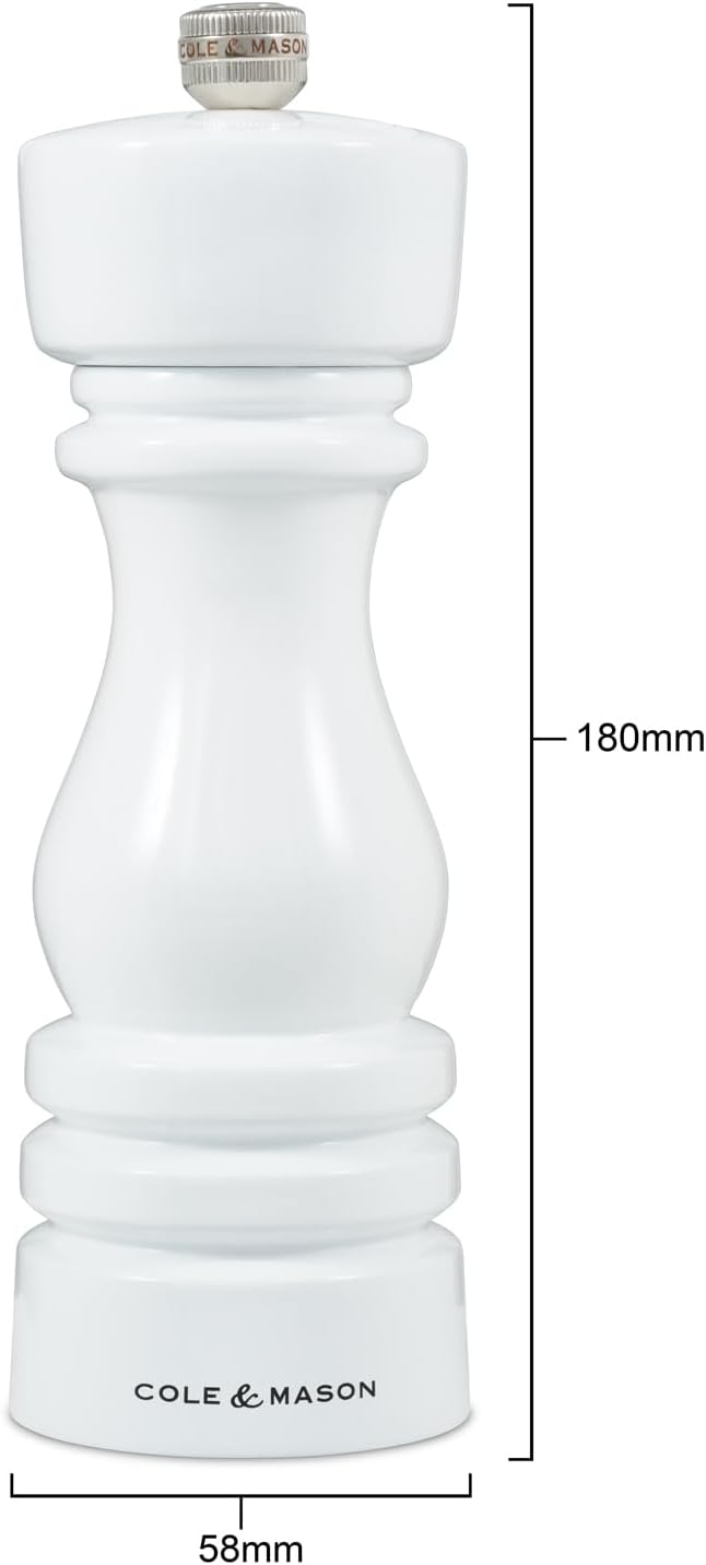 Cole & Mason London Refillable Spice Mill - Kitchen & Home Accessory - Table Black Pepper Grinder - Pepper Mill with Carbon Steel Mechanism - 7", White Gloss