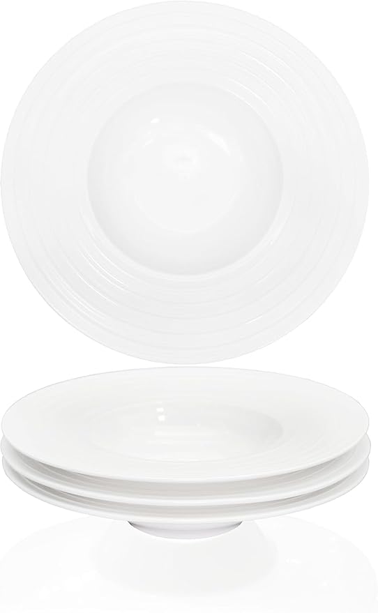 Ceramic Wide Rimmed Soup Plate, Soup Bowl 12 oz, Pasta Bowl Set of 4, White Shallow Bowl Plate with Rim, Best choice for high-end restaurants, hotels, and foodies,11.4 Inch Coil relief