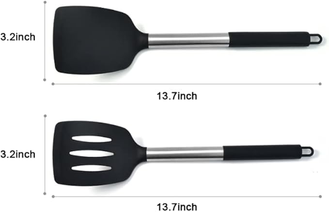 2Pack Small Silicone Turner High Heat Resistant Slotted Spatula for Fish, Eggs, Pancakes and More (Set of 2, Black2)