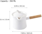 Unomor Mini Sauce Pan Ceramic Milk Pan Porcelain Tea Pot with Lid Wooden Handle 350ml Butter Warmer Mini Cooking Pot Coffee Pitcher for Soup Drink Kung Fu Tea White