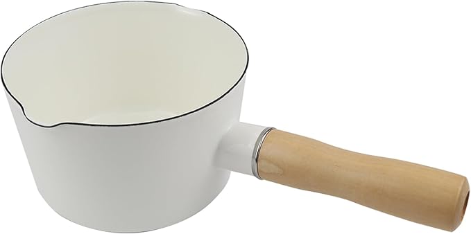 Enamel Milk Pan with Dual Pour Spout Butter Warmer with Wooden Handle Soup Pot Enamelware Saucepan Pan for Home Kitchen Cooking Heating Boiling