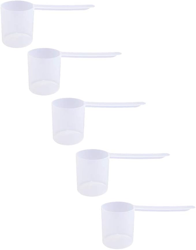 Plastic Measuring Scoop, (80 cc | 1/3 Cup | 2.7 fl oz. | 80 mL) Long Handle Spoons for Powders, Granules, Coffee, Pet Food, Baking Supplies, Protein and Other Dry Goods, BPA Free (Set of 5)