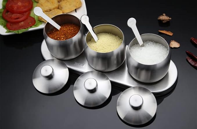 TENT TENTA KITCHEN 18/8 Stainless Steel Seasoning Containers Set Spice Jar Spice Rack Condiment Cruet Bottle Salt Pepper Sugar Storage Organizers with 3 Serving Spoons And Non-slip Base
