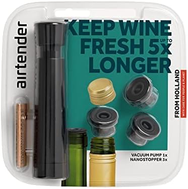 Airtender Wine Vacuum Pump Preserver with 3 Reusable Bottle Stopper Vacuum Seals for Wine Storage
