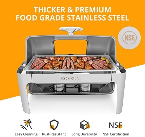 ROVSUN 9Qt 3 Packs Roll Top Chafing Dish Buffet Set, Stainless Steel Chafers for Catering, Rectangular Buffet Servers and Warmers Set with Glass Window for Parties, Banquet, Wedding, Full Size