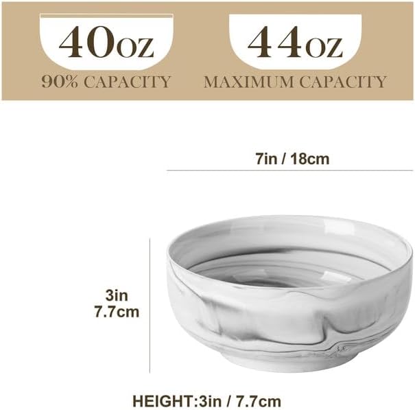 MALACASA Large Soup Bowls Set, 44 OZ (7") Salad Bowl Cereal Bowl Set of 2,Marble Grey Ceramic Bowls for Kitchen, Dishwasher & Microwave Safe, Series REGULAR